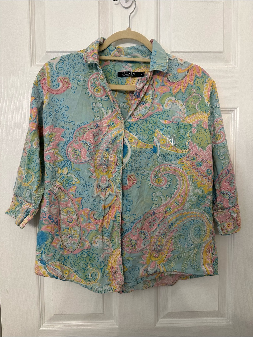 Lauren Ralph Lauren Pajama Set Medium Pastel Paisley 3/4 Sleeve Top Crop‎ Pants